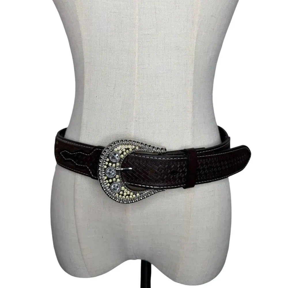 Western Jeweled Rhinestone Basketweave Leather Chunky Brown Belt Size Medium
